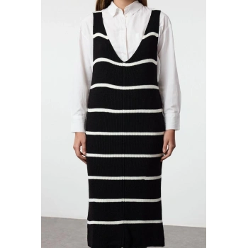 Kadın Moda Şık Maxi Boy V Yaka Regular Siyah Triko Jile Elbise