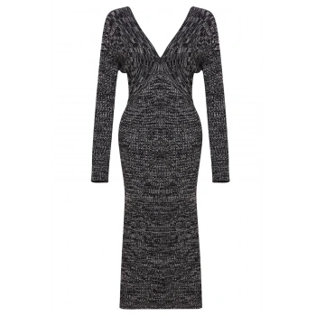 Kadın Moda Şık Midi Boy V Yaka Slim Triko Degrade Elbise