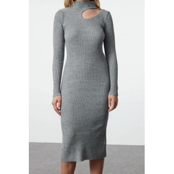 Kadın Moda Şık Midi Boy Dik Yaka Slim Triko Polo Yaka Elbise