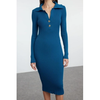 Kadın Moda Şık Midi Boy Polo Yaka Slim Triko Elbise