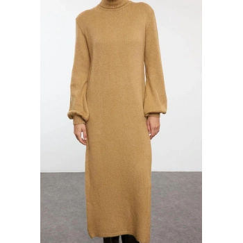 Kadın Moda Şık Midi Boy Balıkçı Yaka Regular Triko Yumuşak Dokulu Kazak Elbise