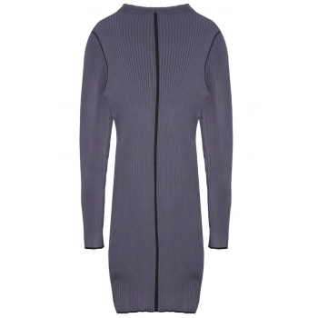 Kadın Moda Şık Mini Boy Dik Yaka Slim Kahverengi Triko Konstrat Renkli Elbise