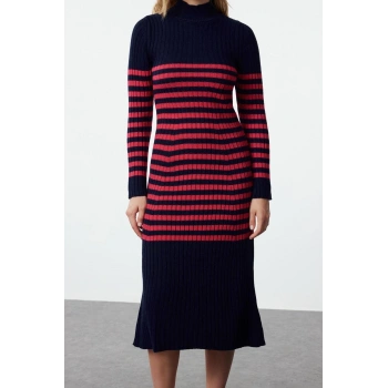 Kadın Moda Şık Maxi Boy Dik Yaka Slim Triko Çizgili Elbise