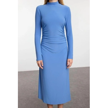 Kadın Moda Şık Midi Boy Dik Yaka Slim Düz Drape Detaylı A-Line Esnek Örme Örme Elbise