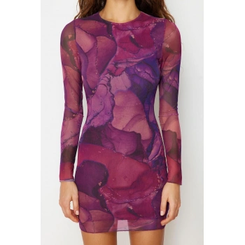 Kadın Moda Şık Mini Boy Bisiklet Yaka Slim Baskılı Tül Fitted Vücuda Oturan Esnek Örme Elbise