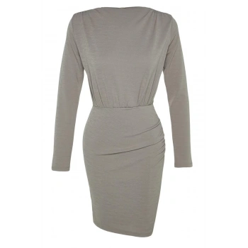 Kadın Moda Şık Mini Boy Kayık Yaka Slim Premium Dokulu Krep Drape Detaylı Örme Elbise