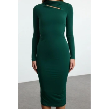 Kadın Moda Şık Midi Boy Dik Yaka Slim Cut Out Detaylı Fitted Vücuda Oturan Esnek Örme Elbise