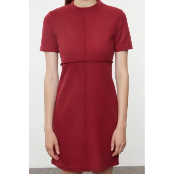Kadın Moda Şık Mini Boy Dik Yaka Regular A Kesim Çan Form Selanik Triko Görünümlü Örme Elbise