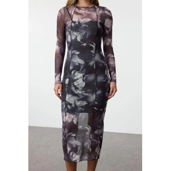 Kadın Moda Şık Midi Boy Bisiklet Yaka Slim Tül Astarlı Vücuda Oturan Örme Elbise