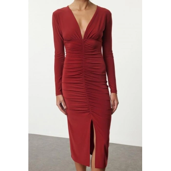 Kadın Moda Şık Midi Boy V Yaka Slim Düz Büzgülü Drapeli Fitted Vücuda Oturan Esnek Örme Elbise
