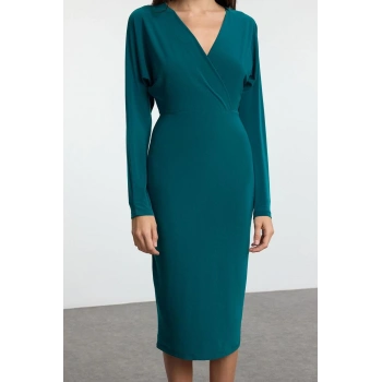Kadın Moda Şık Midi Boy Kruvaze Slim Düz Yarasa Kol Detaylı Fitted Esnek Örme Elbise