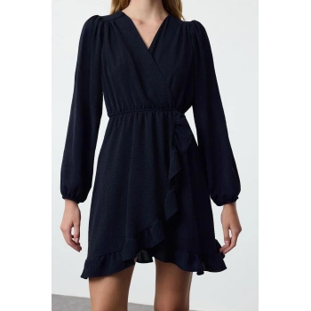 Kadın Moda Şık Mini Boy Kruvaze Regular Kuşaklı Dokuma Volanlı Elbise