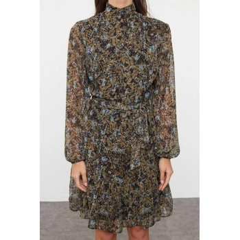 Kadın Moda Şık Mini Boy Dik Yaka Regular Çiçekli Dokuma Kışlık Elbise