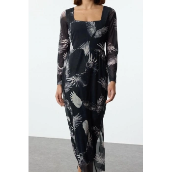 Kadın Moda Şık Midi Boy Kare Yaka Slim Tül Çiçekli Vücuda Oturan Esnek Örme Kalem Elbise