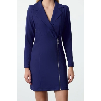 Kadın Moda Şık Mini Boy Ceket Yaka Fitted Fermuar Detaylı Dokuma Elbise