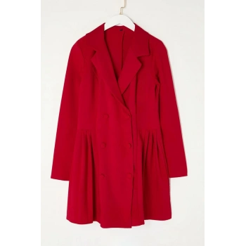 Kadın Moda Şık Mini Boy Ceket Yaka Regular Piliseli Dokuma Ceket Elbise