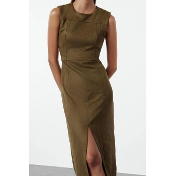 Kadın Moda Şık Midi Boy Bisiklet Yaka Fitted Yırtmaçlı Düz Kesim Süet Dokuma Elbise