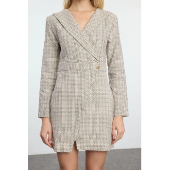 Kadın Moda Şık Mini Boy Ceket Yaka Regular Ekose Kareli Dokuma Elbise