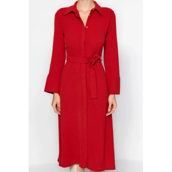 Kadın Moda Şık Midi Boy Gömlek Yaka Regular Kuşaklı Düğmeli Dokuma Gömlek Elbise