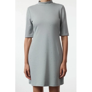 Kadın Moda Mini Boy Bisiklet Yaka Slim Taş Detaylı Skater Belden Açılan Kısa Kollu Örme Kalem Elbise