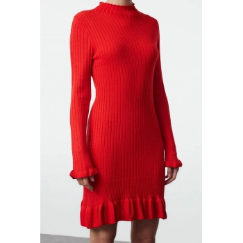 Kadın Moda Şık Mini Boy Dik Yaka Regular Triko Etek Ucu Detaylı Elbise