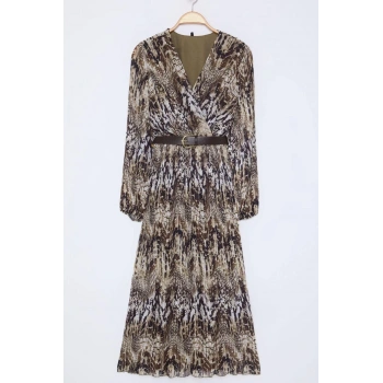 Kadın Moda Şık Midi Boy Kruvaze Regular Kemerli Düz Kemerli Dokuma Elbise