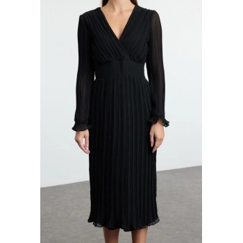 Kadın Moda Şık Midi Boy Kruvaze Regular Kuşaklı Düz Dokuma Elbise