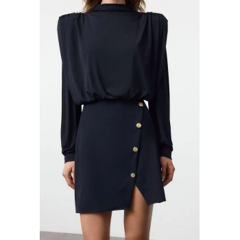 Kadın Moda Şık Mini Boy Dik Yaka Regular Düz Vatkalı Dokuma Elbise