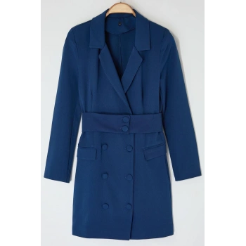 Kadın Moda Şık Mini Boy Ceket Yaka Regular Kemerli Düğmeli Dokuma Ceket Elbise