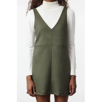 Kadın Moda Şık Mini Boy V Yaka Slim Jile Süet Örme Elbise