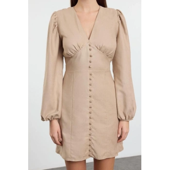 Kadın Moda Şık Mini Boy V Yaka Regular Düz Dokuma Elbise