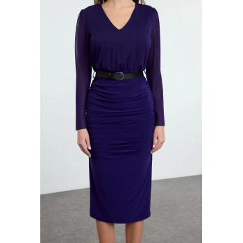 Kadın Moda Şık Midi Boy V Yaka Regular Düz Dokuma Elbise