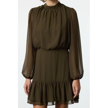 Kadın Moda Şık Mini Boy Dik Yaka Regular Eteği Volanlı Şifon Dokuma Kışlık Elbise