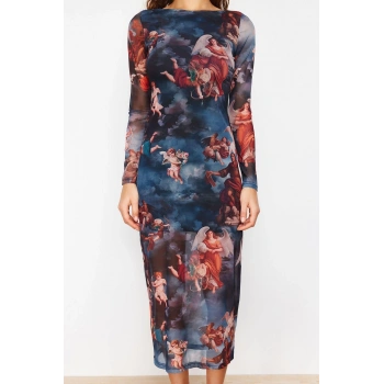 Kadın Moda Şık Midi Boy Bisiklet Yaka Slim Baskılı Astarlı Vücuda Oturan Tül Örme Örme Elbise
