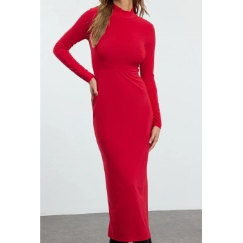 Kadın Moda Şık Maxi Boy Dik Yaka Slim Fitted Vücuda Oturan Esnek Örme Elbise