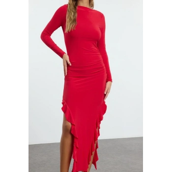 Kadın Moda Şık Midi Boy Bisiklet Yaka Regular Düz Eteği Volanlı Kayık Kaya Esnek Örme Örme Elbise