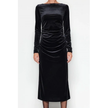 Kadın Moda Şık Midi Boy Kayık Yaka Slim Kadife Büzgülü Fitted Vücuda Oturan Esnek Örme Elbise