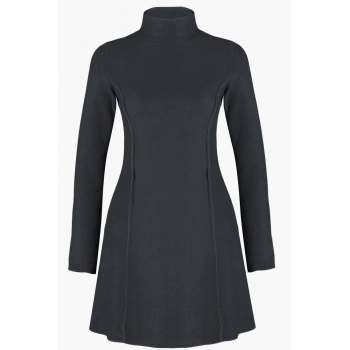 Kadın Moda Şık Mini Boy Dik Yaka Regular Dikiş Detaylı Selanik Örme Elbise