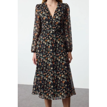 Kadın Moda Şık Midi Boy Kruvaze Regular Çiçekli Kemerli A Kesim Yaka Desenli Şifon Dokuma Elbise