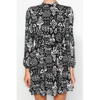 Kadın Moda Şık Mini Boy Dik Yaka Regular Etnik Dokuma Kışlık Elbise