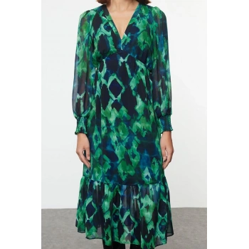 Kadın Moda Şık Midi Boy V Yaka Regular Soyut Desenli Belden Açılan Astarlı Şifon Dokuma Elbise