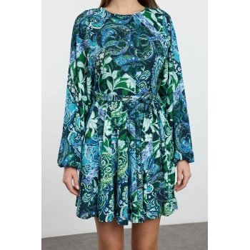 Kadın Moda Şık Mini Boy Bisiklet Yaka Regular Kuşaklı Çiçekli Dokuma Elbise