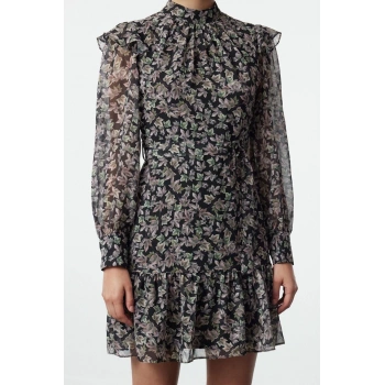 Kadın Moda Şık Mini Boy Dik Yaka Regular Geometrik Dokuma Kışlık Elbise