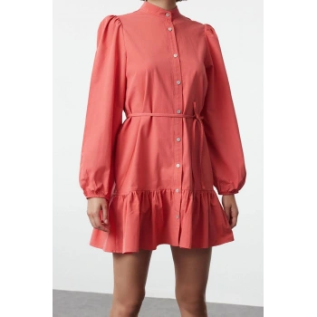 Kadın Moda Şık Mini Boy Hakim Yaka Regular Gül Kurusu Kuşaklı Düz Kuşaklı Uzun Kollu Dokuma Elbise