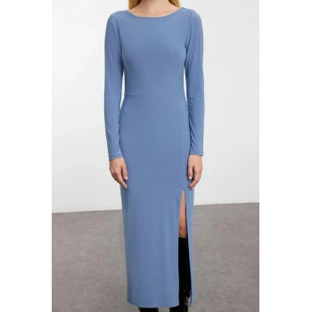 Kadın Moda Şık Maxi Boy Kayık Yaka Slim Düz Bodycone Sırt Baskılı Örme Elbise Vücuda Oturan Esnek