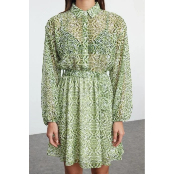 Kadın Moda Şık Mini Boy Gömlek Yaka Regular Belden Açılan Astarlı Şifon Dokuma Elbise