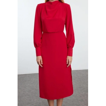 Kadın Moda Şık Midi Boy Degaje Yaka Regular Düz Dokuma Elbise