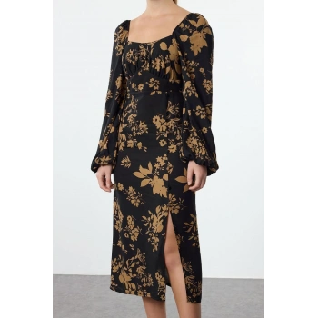 Kadın Moda Şık Midi Boy Kalp Yaka Regular Çiçek Desenli Dokuma Elbise