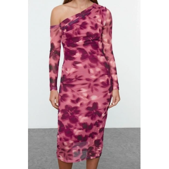 Kadın Moda Şık Midi Boy Asimetrik Yaka Slim Soyut Astarlı Örme Elbise