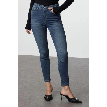 Kadın Moda Şık Kot Pantolon Dar Paça Regular Boy Denim Mavi Yüksek Bel Skinny Jeans